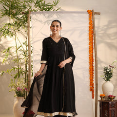 Khushal K Women Cotton Kurta and Palazzo With Dupatta Set - Black