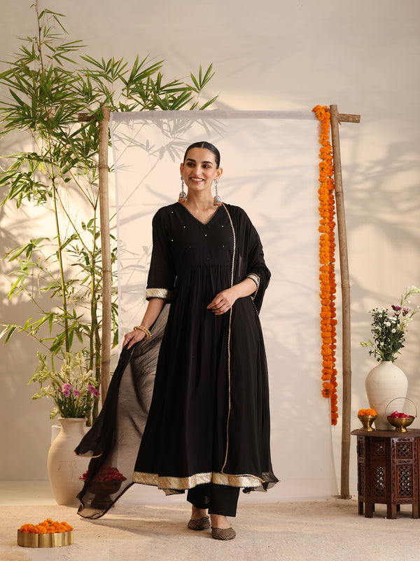 Khushal K Women Cotton Kurta and Palazzo With Dupatta Set - Black