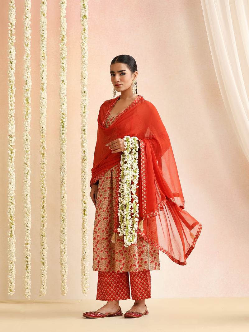 Women Floral Printed V-Neck Kurta with Trousers & Dupatta