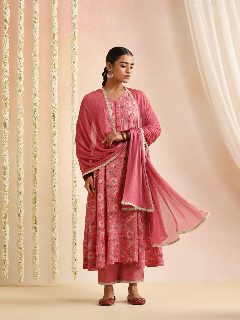 Women Floral Printed Cotton Anarkali Kurta with Trousers & Dupatta