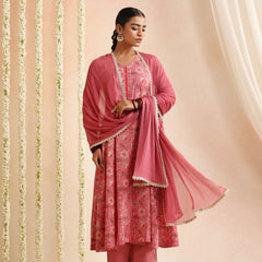 Women Floral Printed Cotton Anarkali Kurta with Trousers & Dupatta