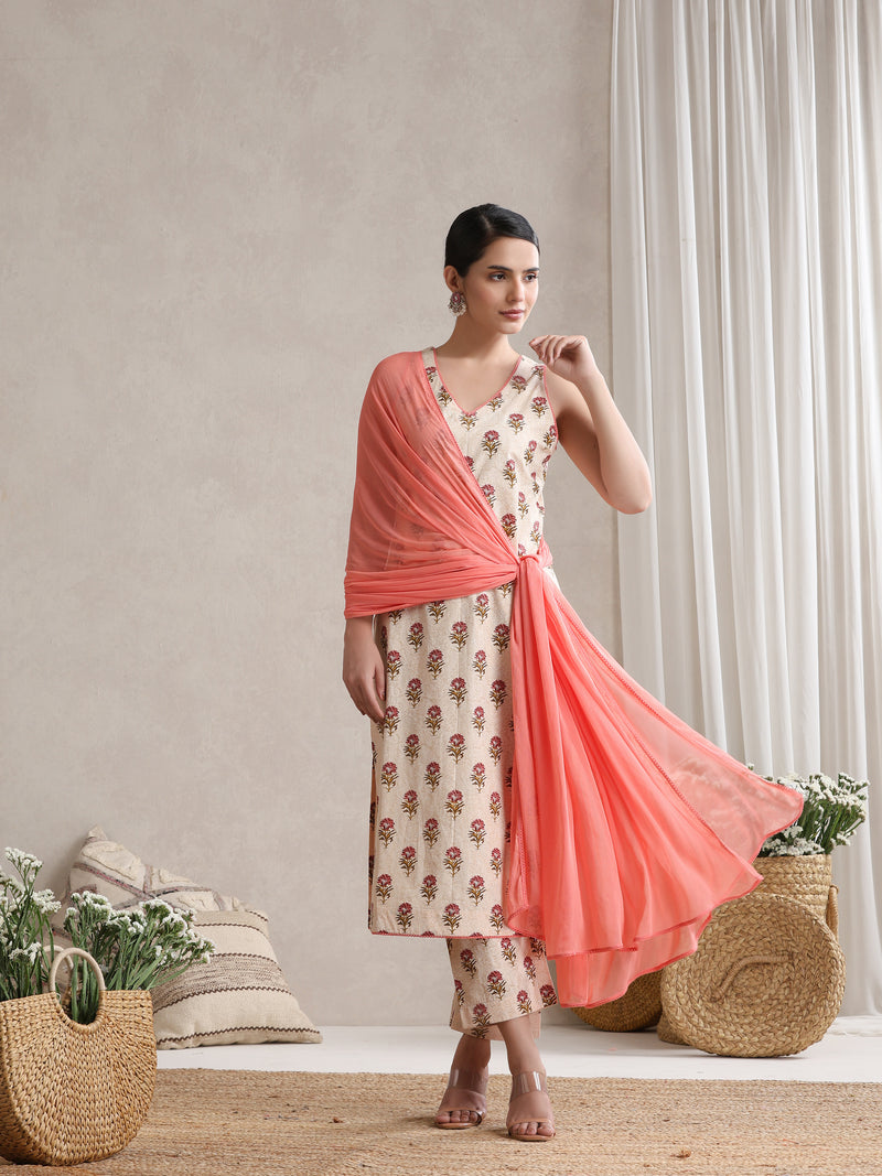 Women Cream & Peach Floral Printed Kurta Palazzo Set