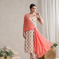 Women Cream & Peach Floral Printed Kurta Palazzo Set