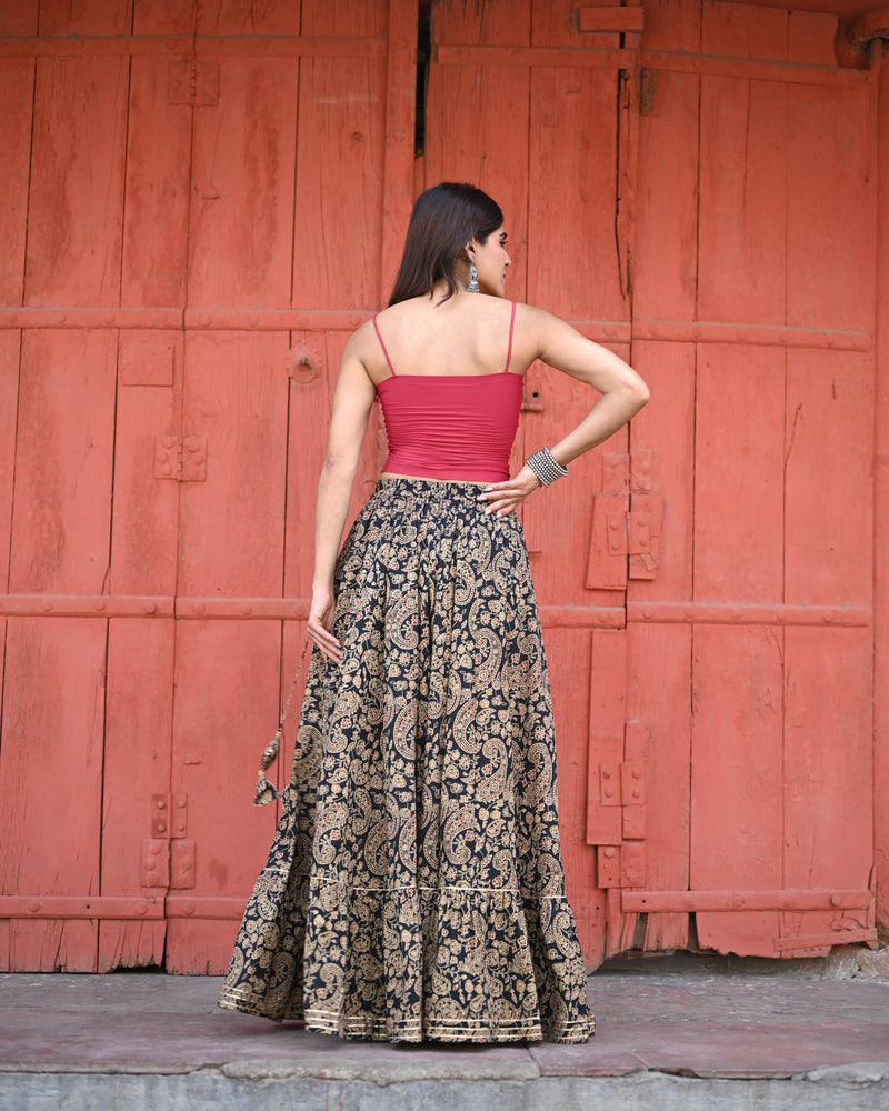 Khushal K Women's Black Printed Cotton Flared Maxi Skirt