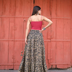 Khushal K Women's Black Printed Cotton Flared Maxi Skirt