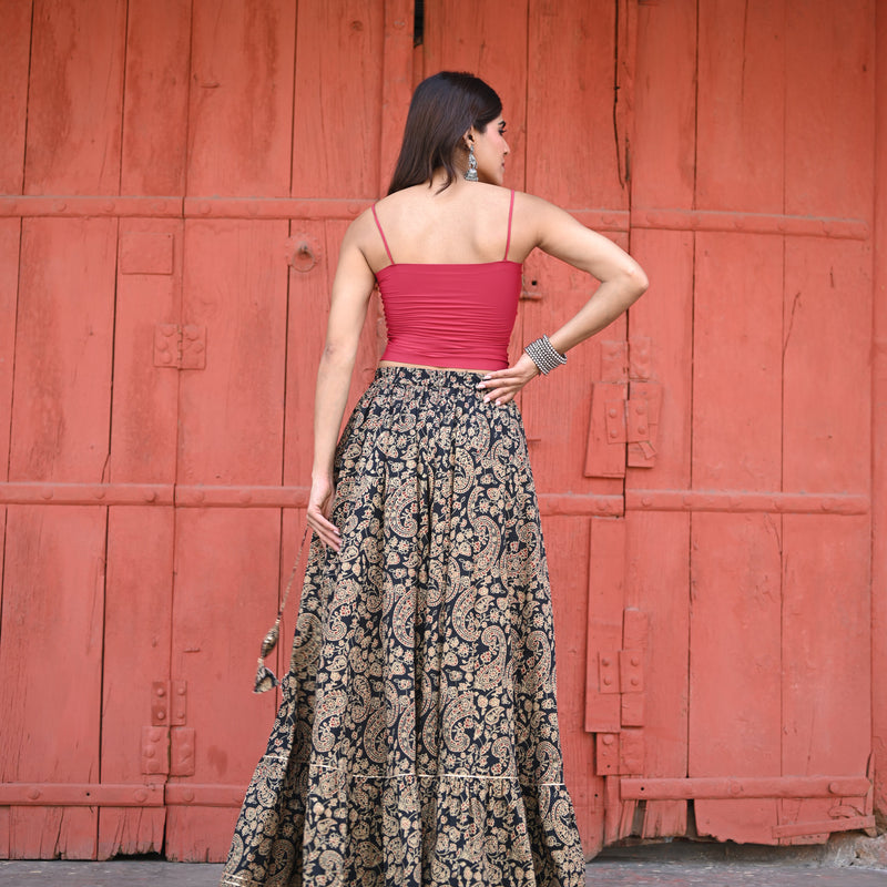Khushal K Women's Black Printed Cotton Flared Maxi Skirt