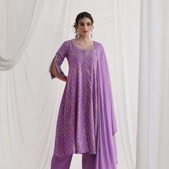 Floral Printed Round Neck Thread Work A-Line Kurta With Trousers & Dupatta