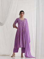 Floral Printed Round Neck Thread Work A-Line Kurta With Trousers & Dupatta