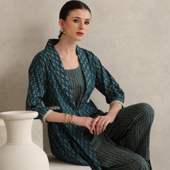 Teal Handblock Printed Cotton Blend Cord Set with Jacket