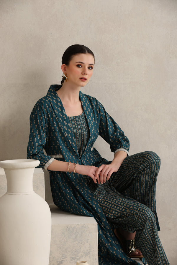 Teal Handblock Printed Cotton Blend Cord Set with Jacket