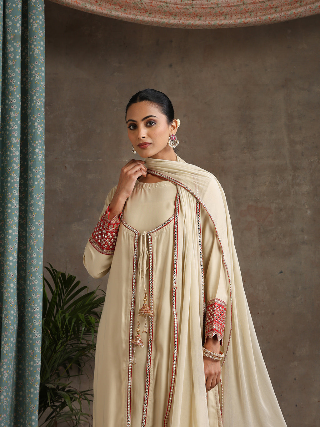 Geometric Embroidered Mirror Work A-Line Kurta With Sharara & Dupatta