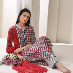 Floral Printed Notch-Neck Pure Cotton Kurta With Trousers And Dupatta
