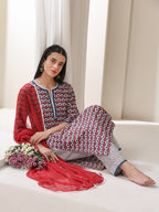 Floral Printed Notch-Neck Pure Cotton Kurta With Trousers And Dupatta