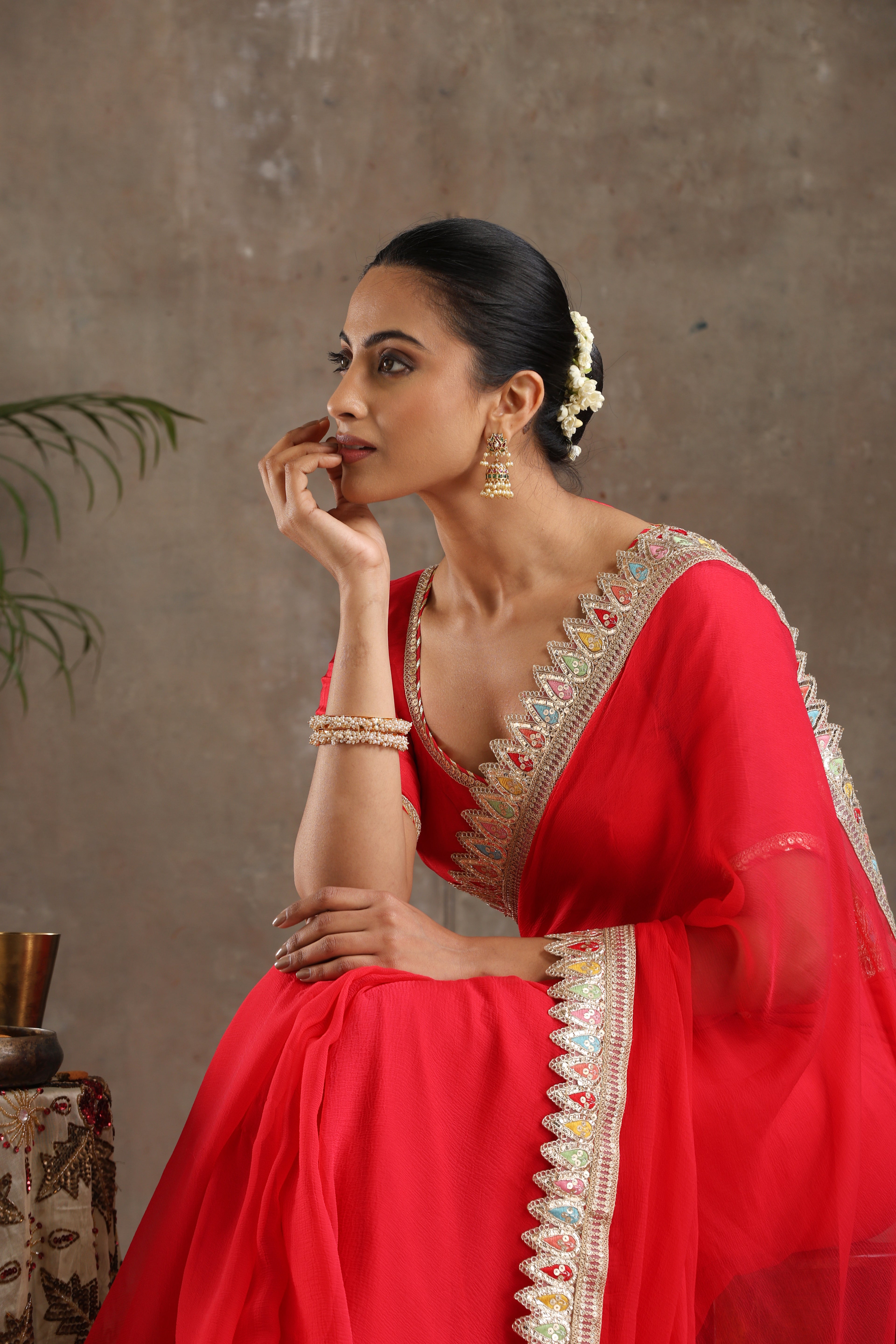 Red Poly Chiffon Fashion Saree
