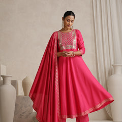 Floral Yoke Design V-Neck Thread Work A-Line Kurta With Trousers And Dupatta