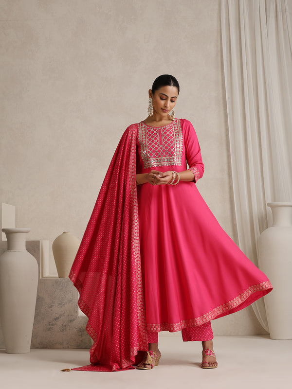 Floral Yoke Design V-Neck Thread Work A-Line Kurta With Trousers And Dupatta