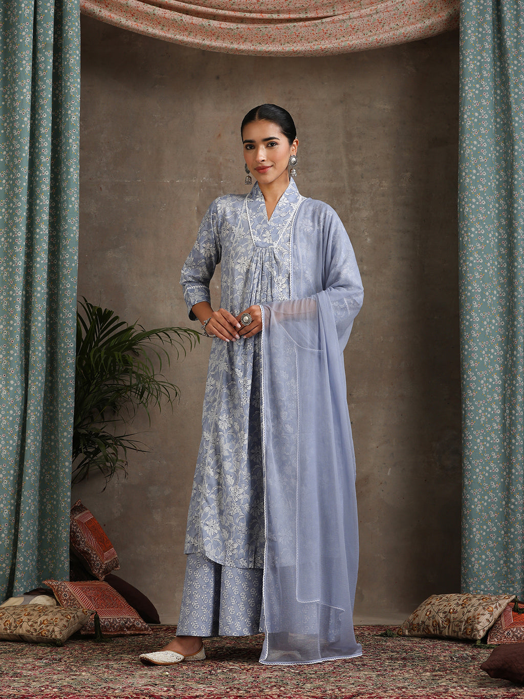Floral Printed Pure Cotton A-Line Kurta With Palazzos And Dupatta