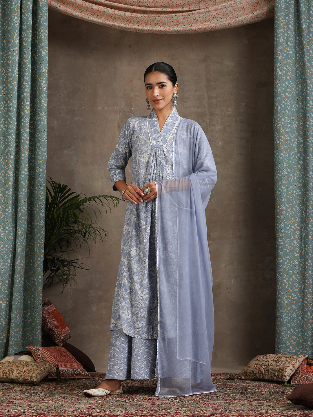 Floral Printed Pure Cotton A-Line Kurta With Palazzos And Dupatta