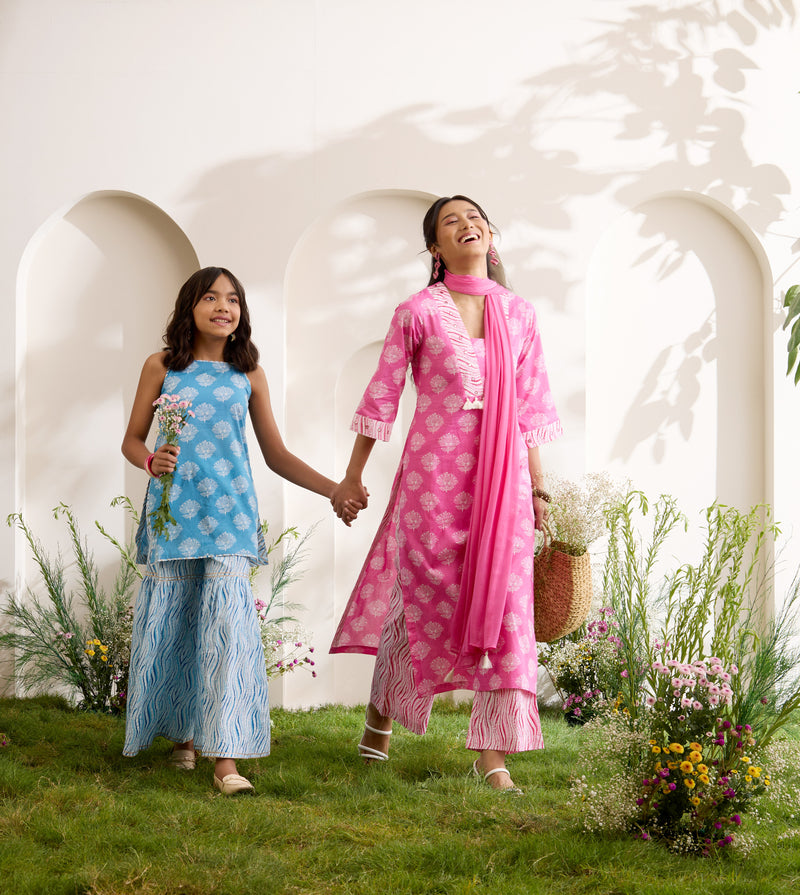 Khushal K Women Cotton Kurta And Palazzo With Dupatta Set - Pink
