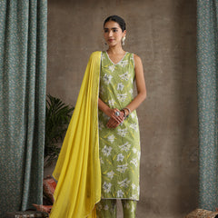 Floral Printed V-Neck Pure Cotton Straight Kurta With Palazzo & Dupatta