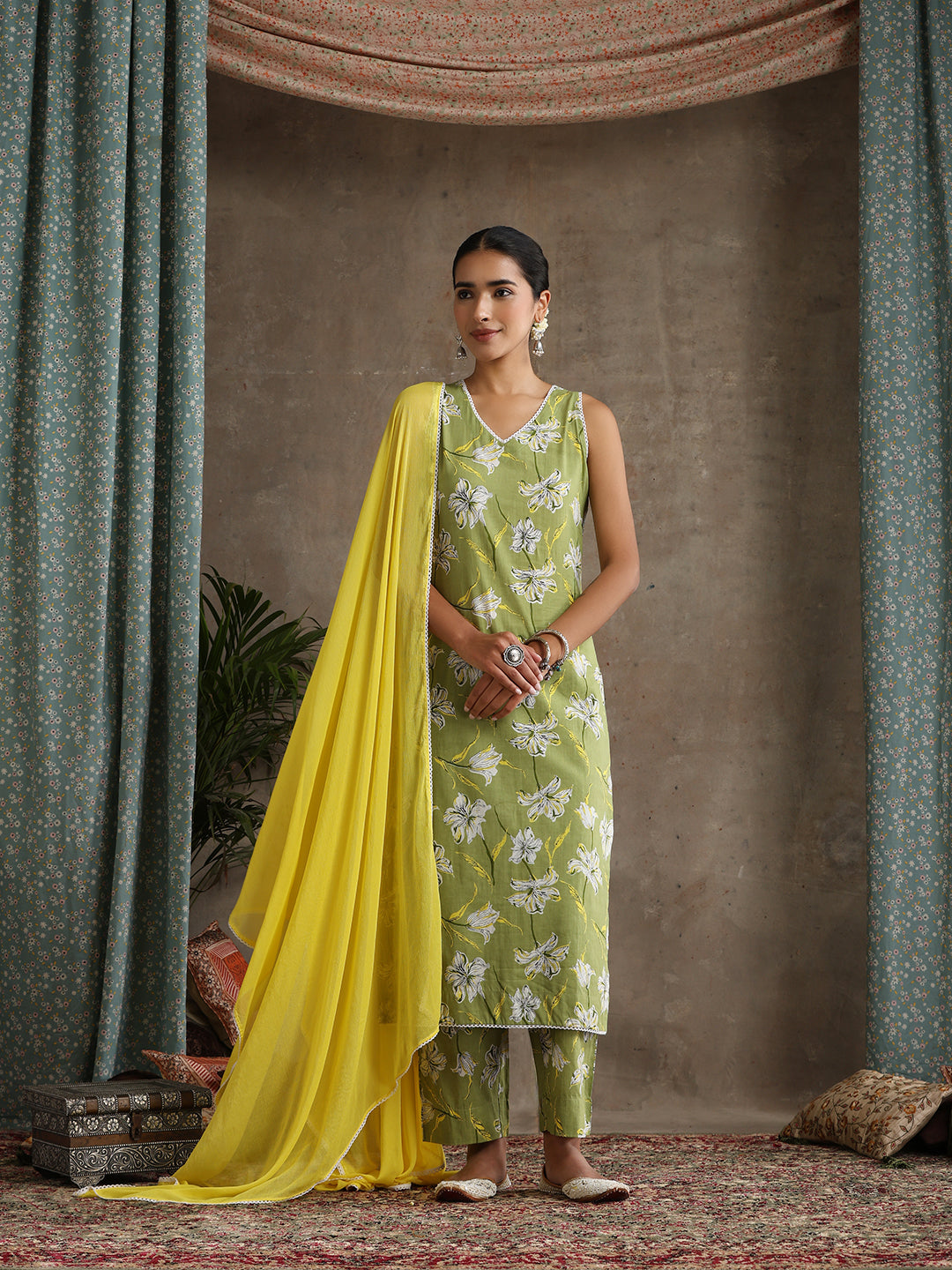 Floral Printed V-Neck Pure Cotton Straight Kurta With Palazzo & Dupatta