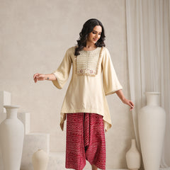 Cream Embroidered Cord Set with Bandhani Patiala