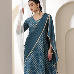 Women Floral Printed Cotton Kurta with Palazzo & Dupatta