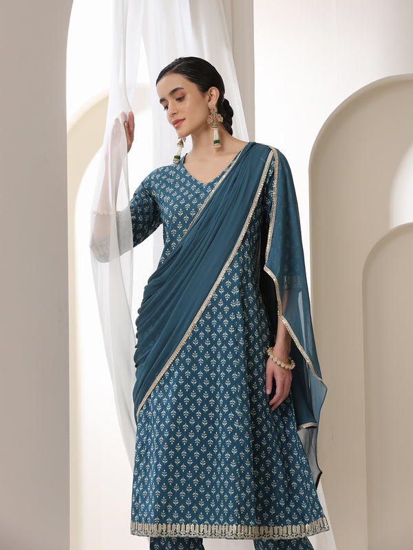 Women Floral Printed Cotton Kurta with Palazzo & Dupatta