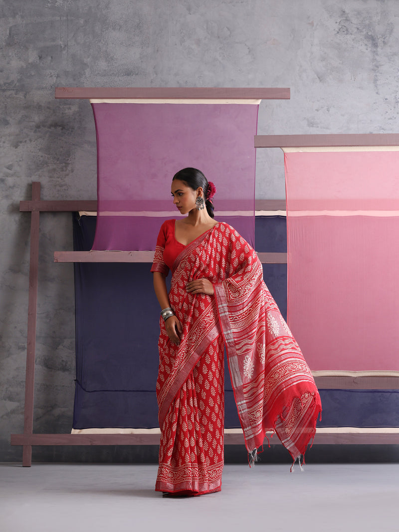 Women Hand Block Cotton Linen Printed saree