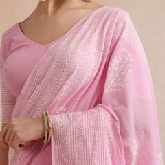Women Hand Block Pink Pure Cotton Printed Saree