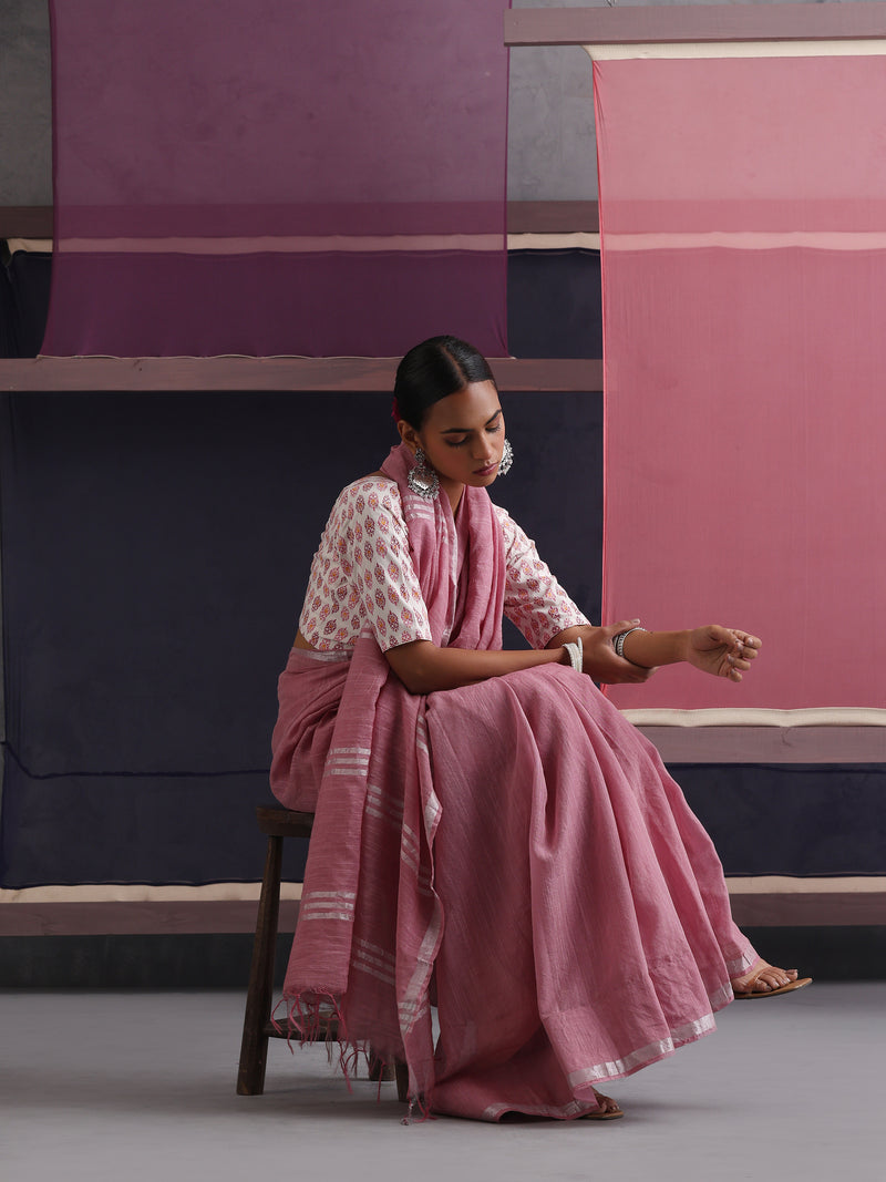 Women Cotton Pink Linen Printed Saree
