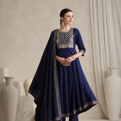 Floral Embroidered Sequinned Round Neck Anarkali Kurta With Palazzos & Dupatta