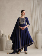 Floral Embroidered Sequinned Round Neck Anarkali Kurta With Palazzos & Dupatta