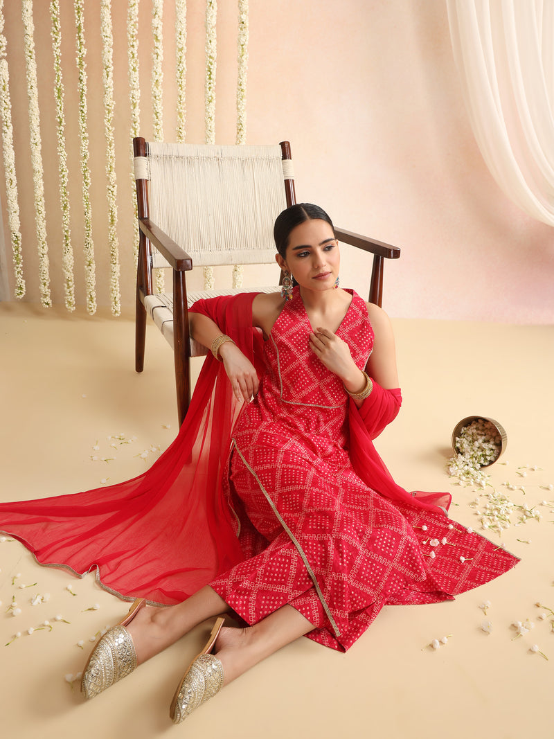 Women Bandhani Printed Kurta with Palazzos & Dupatta