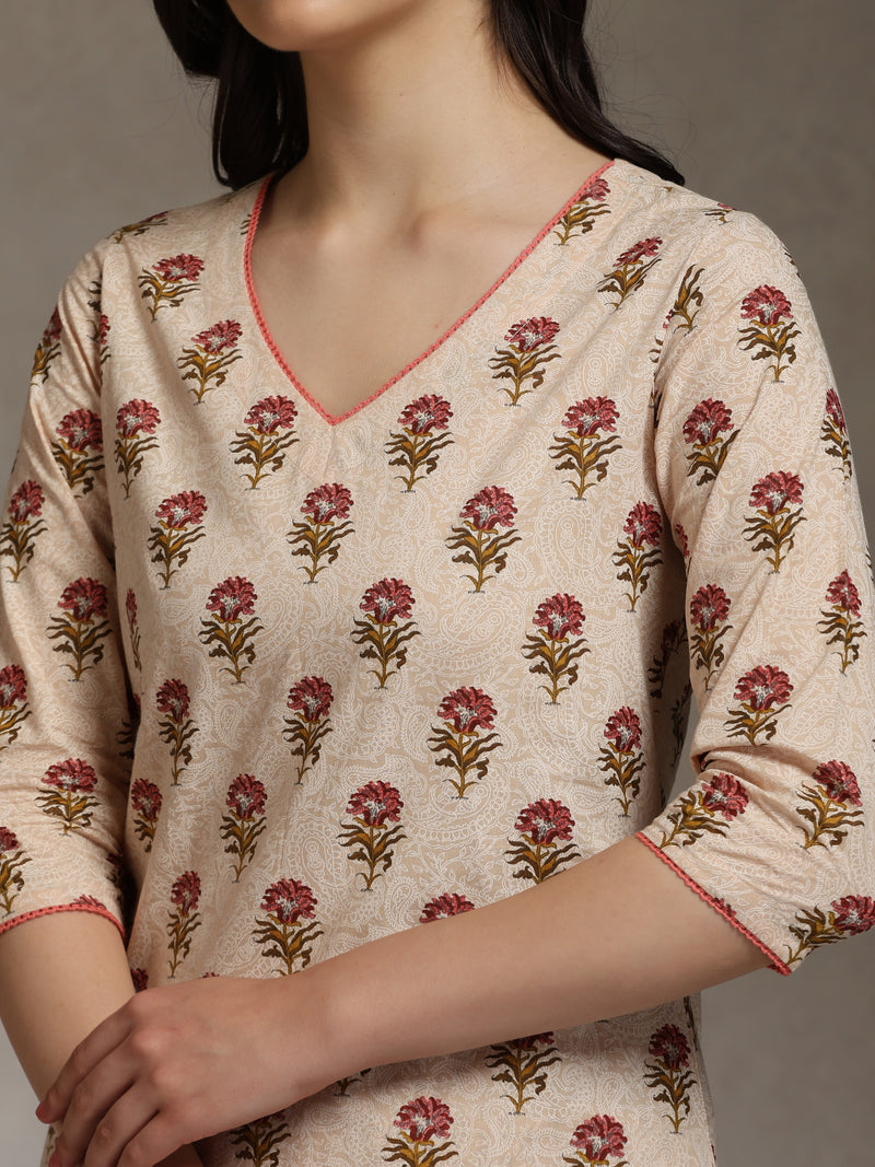 Floral Printed Cotton V-Neck Tunic With Trouser Co-Ords
