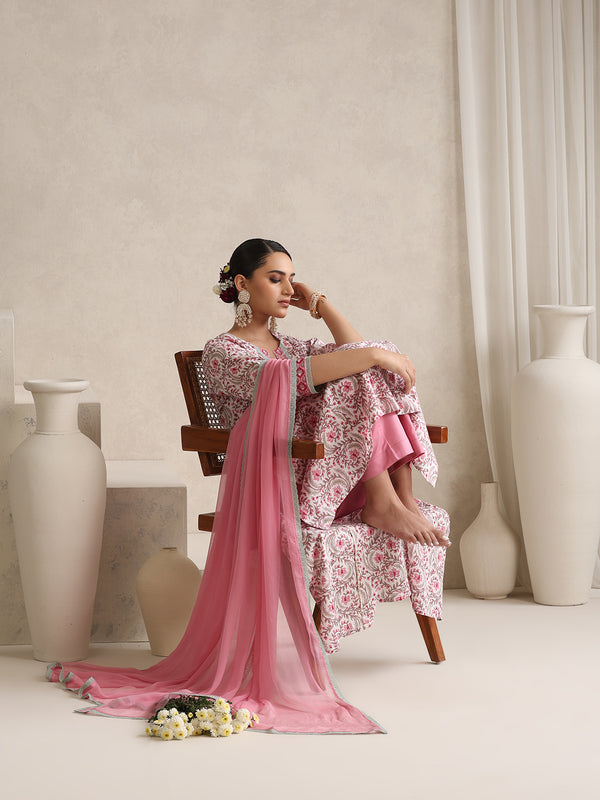 Women Floral Printed Angrakha Pure Cotton Kurta with Palazzos & With Dupatta