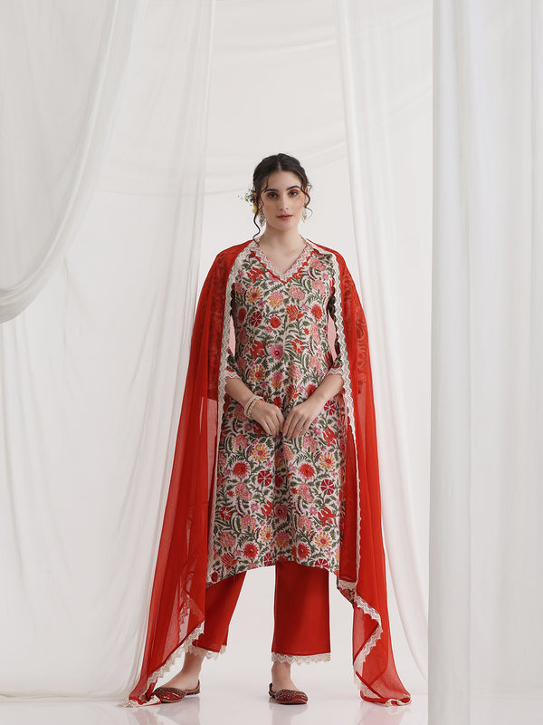 Floral Printed V-Neck Pure Cotton A-Line Kurta With Palazzos And Dupatta