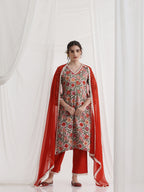 Floral Printed V-Neck Pure Cotton A-Line Kurta With Palazzos And Dupatta
