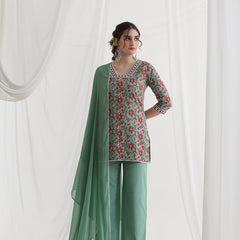Floral Printed Square Neck Pure Cotton Straight Kurti With Palazzos & Dupatta