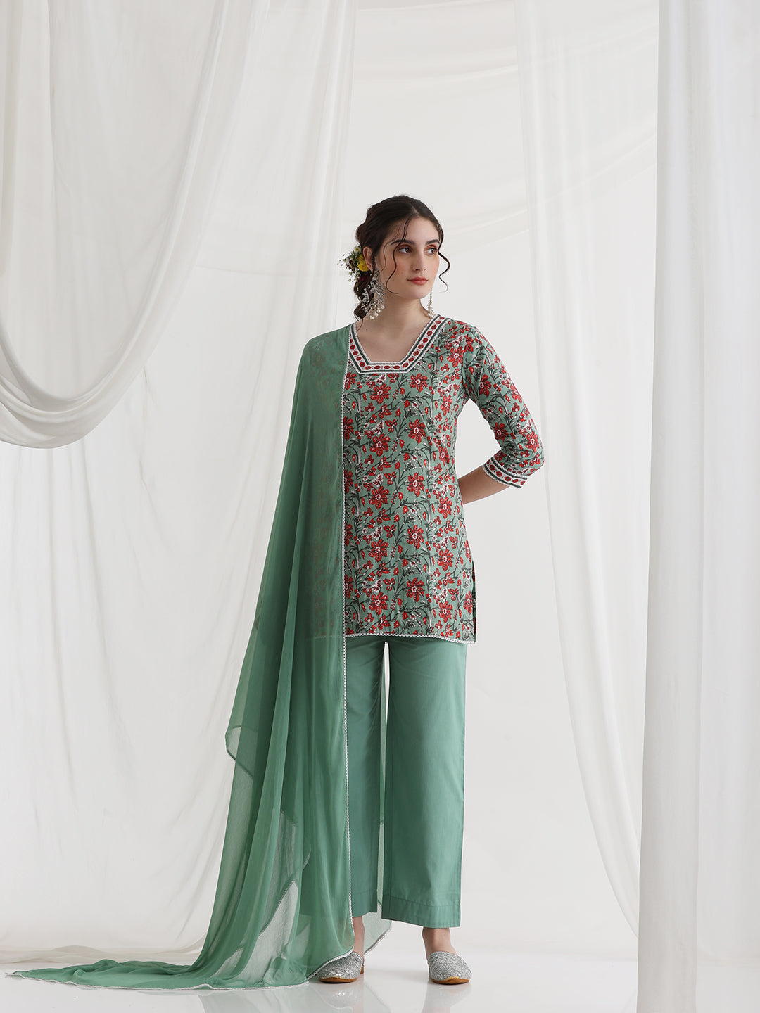 Floral Printed Square Neck Pure Cotton Straight Kurti With Palazzos & Dupatta