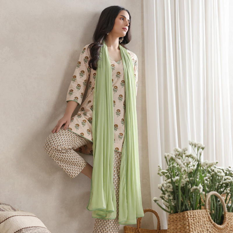 Floral Printed V-Neck Pure Cotton Kurta with Palazzos & with Dupatta - Cream - Khushal K - Image 8