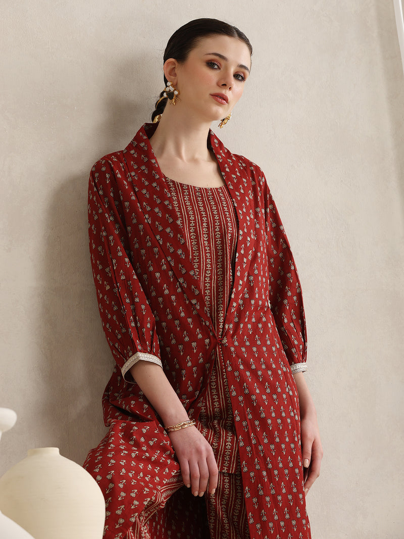 Rust Handblock Printed Cotton Co-ord Set with Jacket