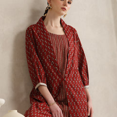 Rust Handblock Printed Cotton Co-ord Set with Jacket