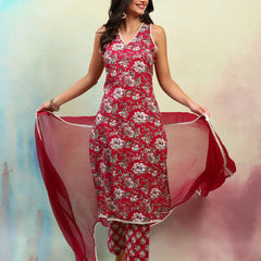 Floral Printed Regular Pure Cotton Straight Kurta with Palazzos & Dupatta