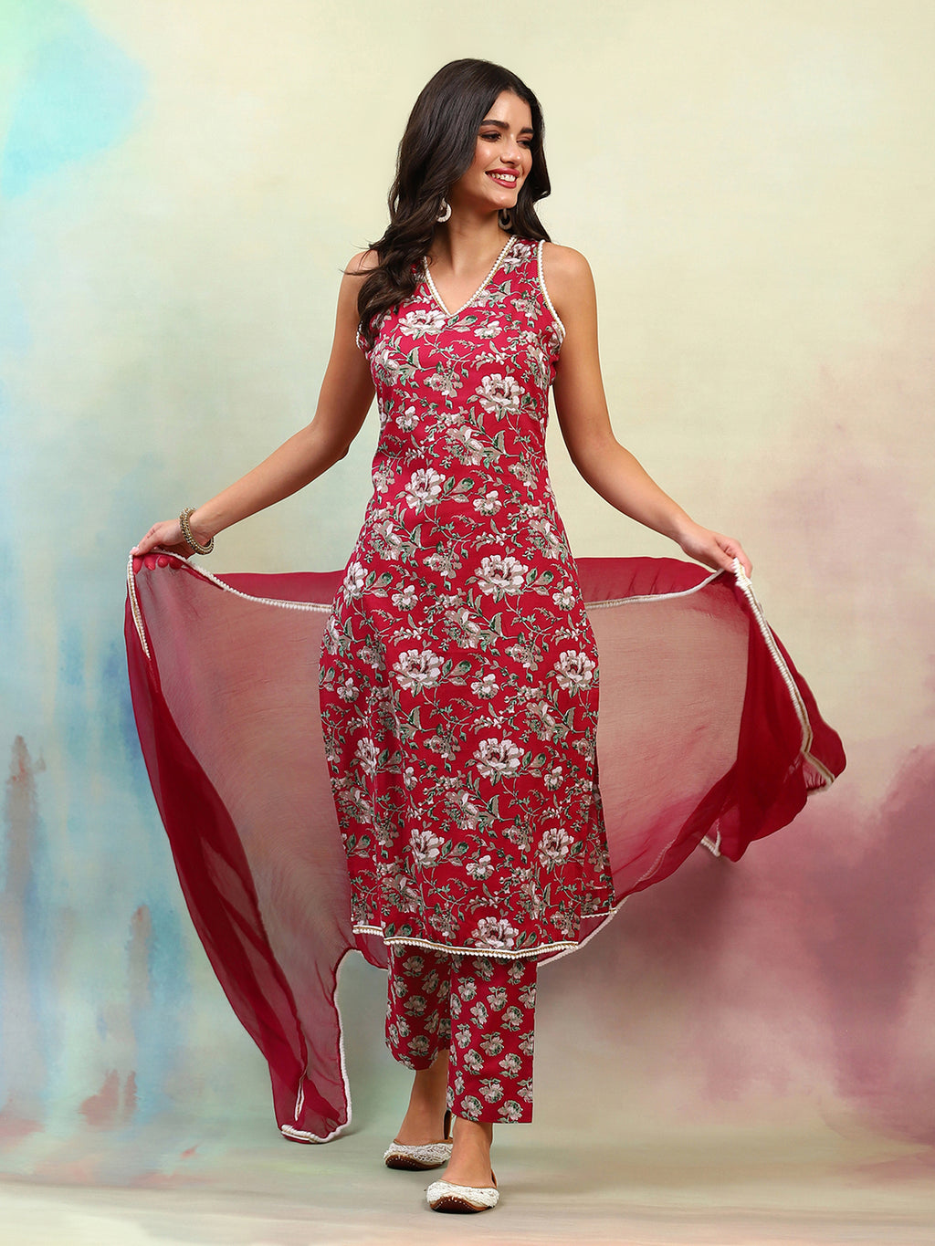 Floral Printed Regular Pure Cotton Straight Kurta with Palazzos & Dupatta