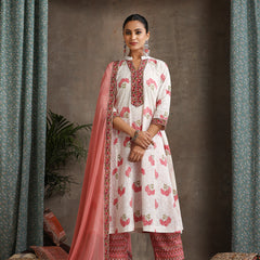 Floral Printed Mandarin Collar Pure Cotton A-Line Kurta With Palazzos & Dupatta