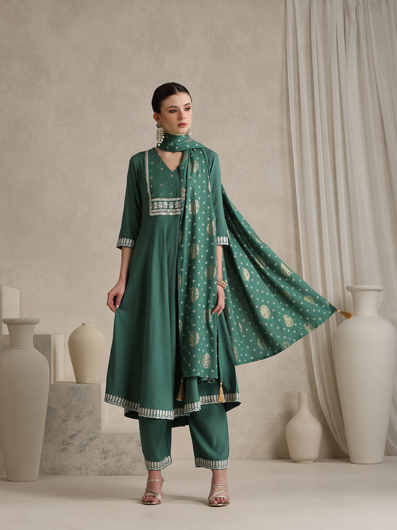 Khushal K Ethnic Motifs Green  Anarkali Sequinned Kurta set
