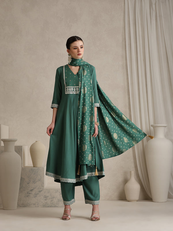 Khushal K Ethnic Motifs Green  Anarkali Sequinned Kurta set