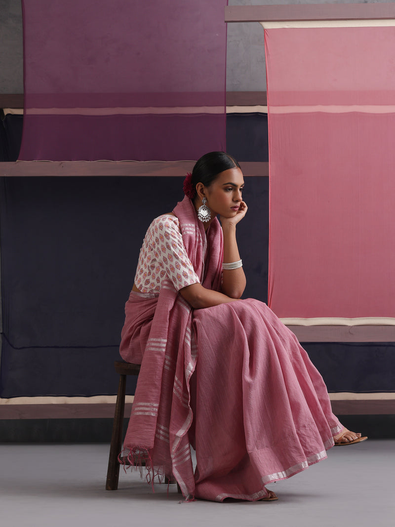 Women Cotton Pink Linen Printed Saree