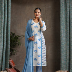 Women Floral Printed Cotton Kurta with Palazzo & Dupatta